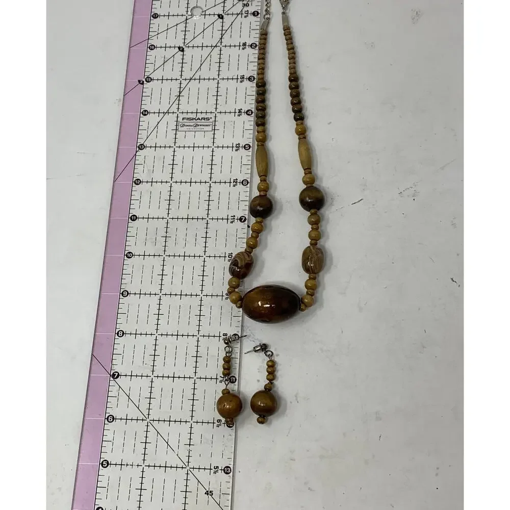 Handmade Artisan Wooden Beaded Necklace + Dangle Drop Earring Set Brown